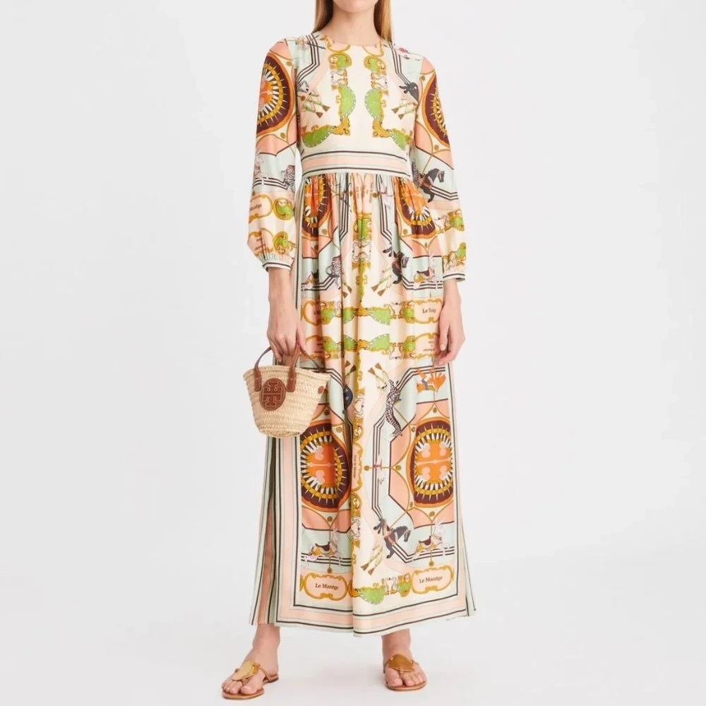 NWT Tory Burch Carousel Printed Maxi Dress Silk Animal Peach Carnival Scarf 8